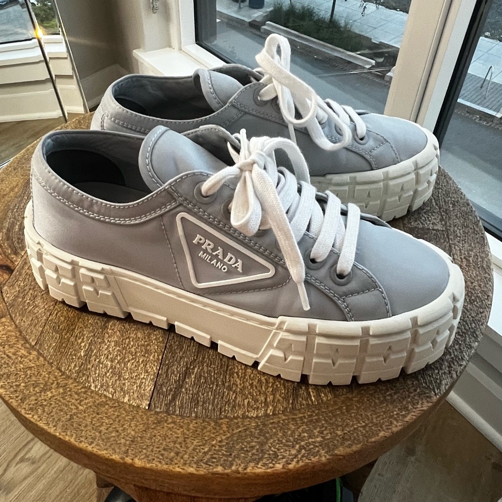 Prada Gray and White Chunky Platform Sneakers